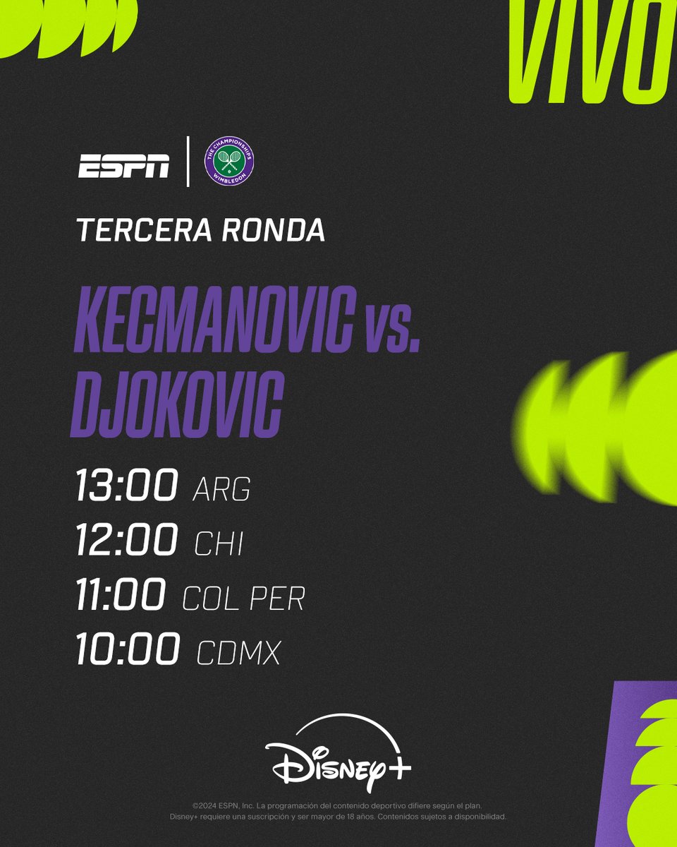 ¡Sábado de gran tenis en el All England Club! 🌿🍿

🔜 Djokovic, Sinner y Swiatek buscarán meterse en la cuarta ronda de #Wimbledon.

📺 Mirá todos nuestros partidos en #DisneyPlus.