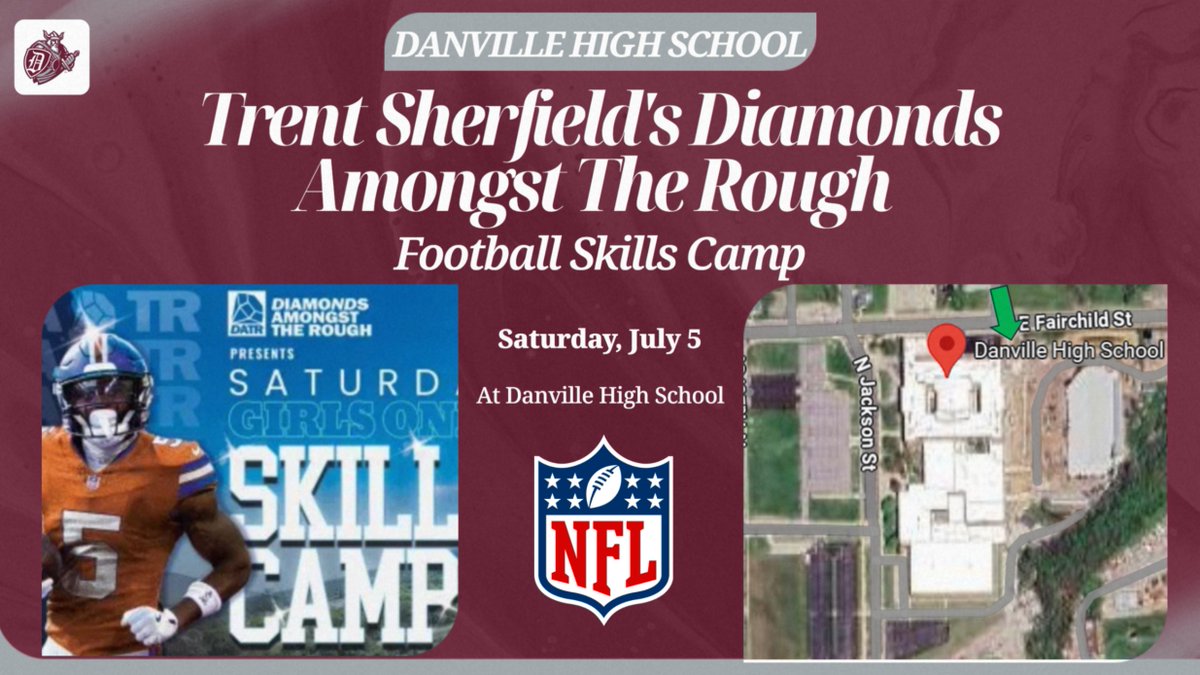 Attention all attendees of Trent Sherfield's Diamonds Amongst The Rough Football Skills Camp! This is a reminder to enter the camp through the north gate/main entrance off Fairchild Street at Danville High School tomorrow. Please note that all other gates will be locked.