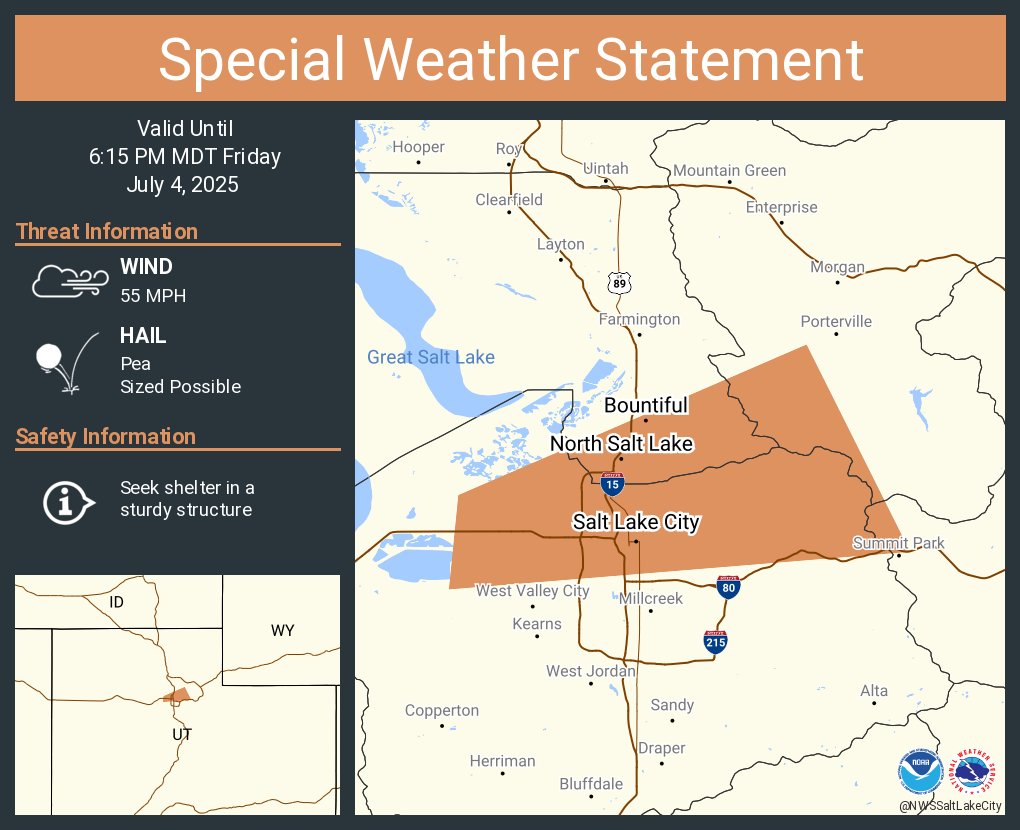 A special weather statement has been issued for Salt Lake City UT, Bountiful UT and  North Salt Lake UT until 6:15 PM MDT