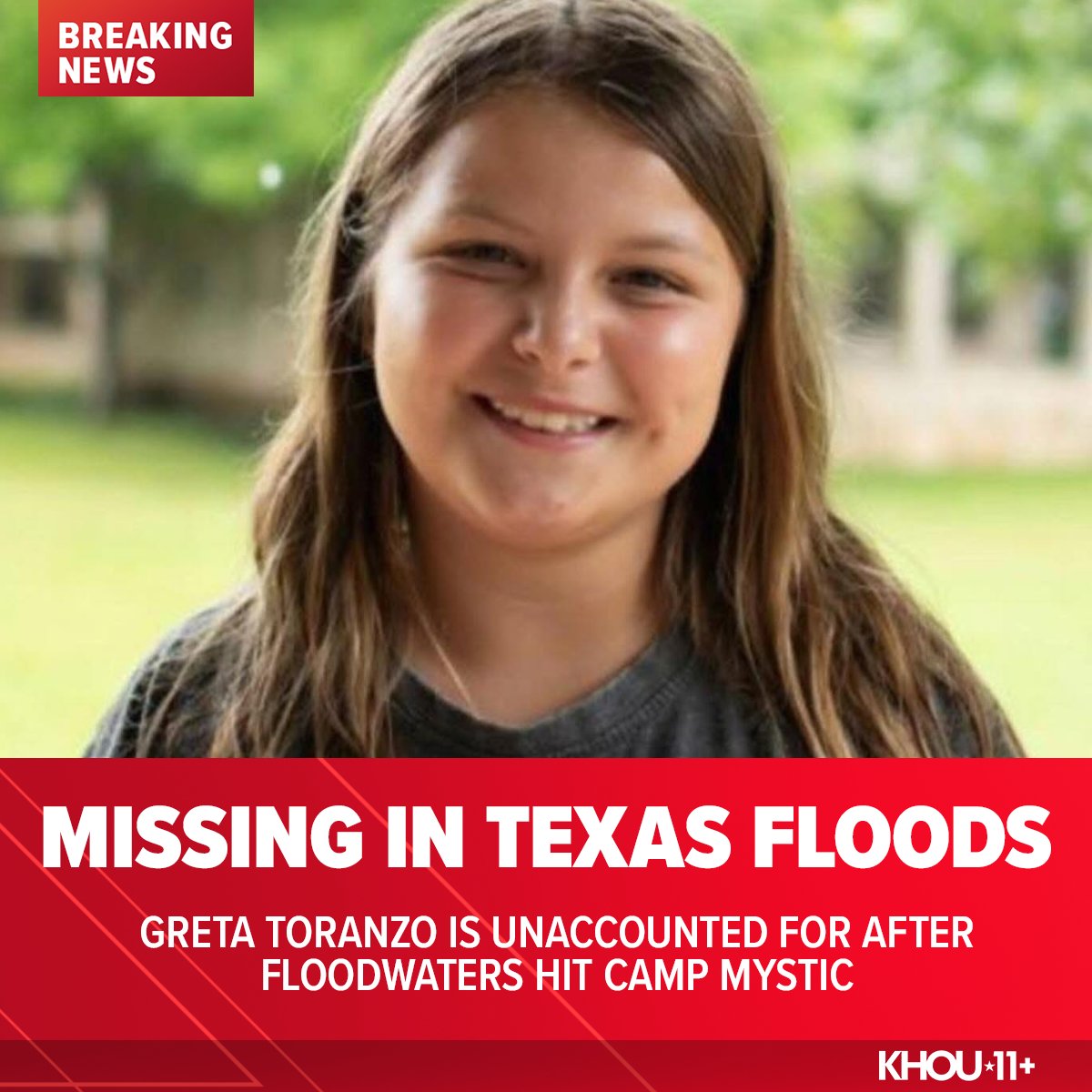 Greta Toranzo, an HISD elementary school student, is missing after Guadalupe River floodwaters took over at Camp Mystic. She is still missing and her parents asked the school to share her photo as they search for her.

What we know about the missing: khou.com/article/news/l…
