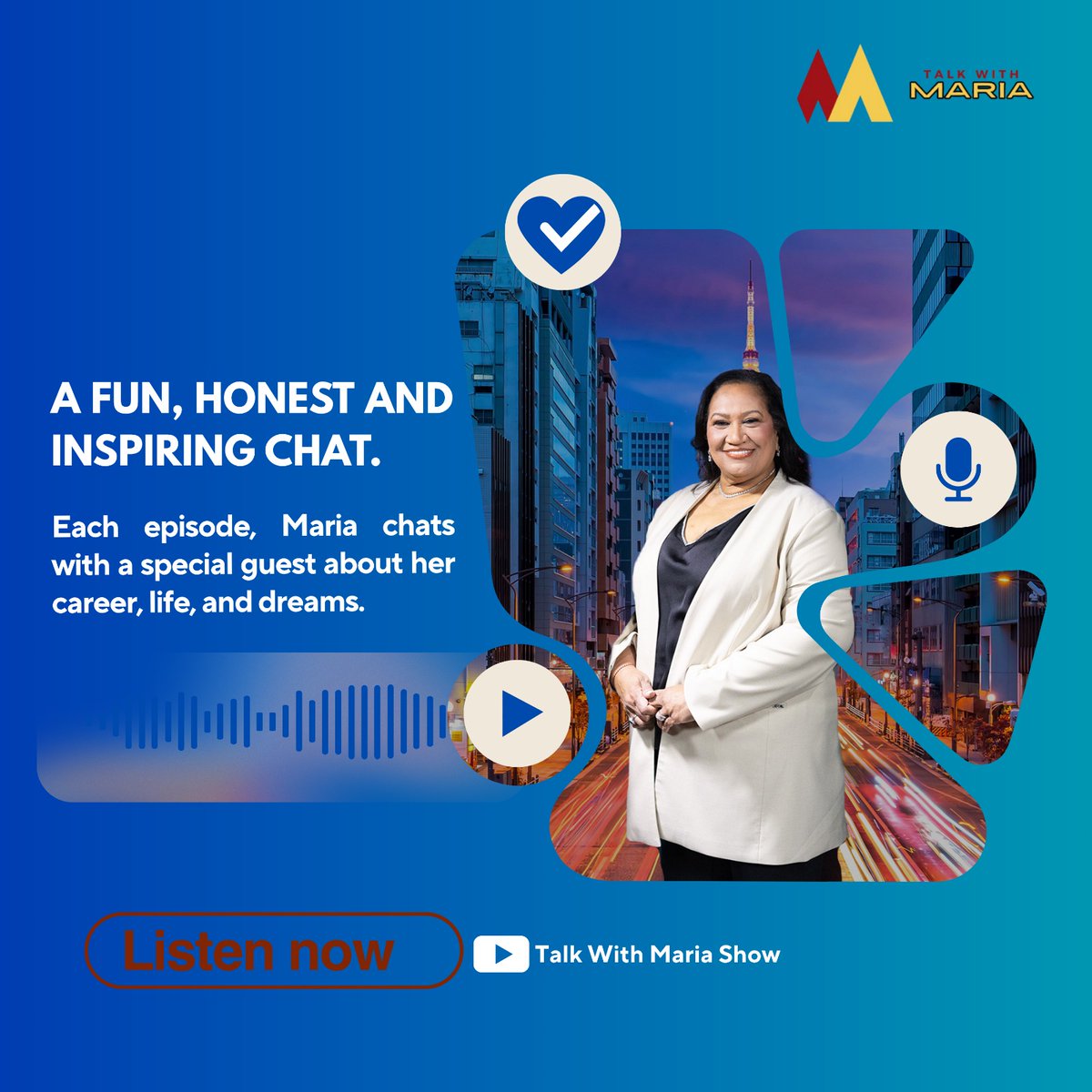 talkwithmaria2's tweet image. An honest, warm, and inspiring conversation!
In each episode, Maria sits down with a special guest to talk about life journeys, careers, and dreams.
Tune in now and get inspired by stories that matter!

🎙️ #TalkWithMaria #InspiringPodcast #CareerStories #DreamBigTalks #Honest