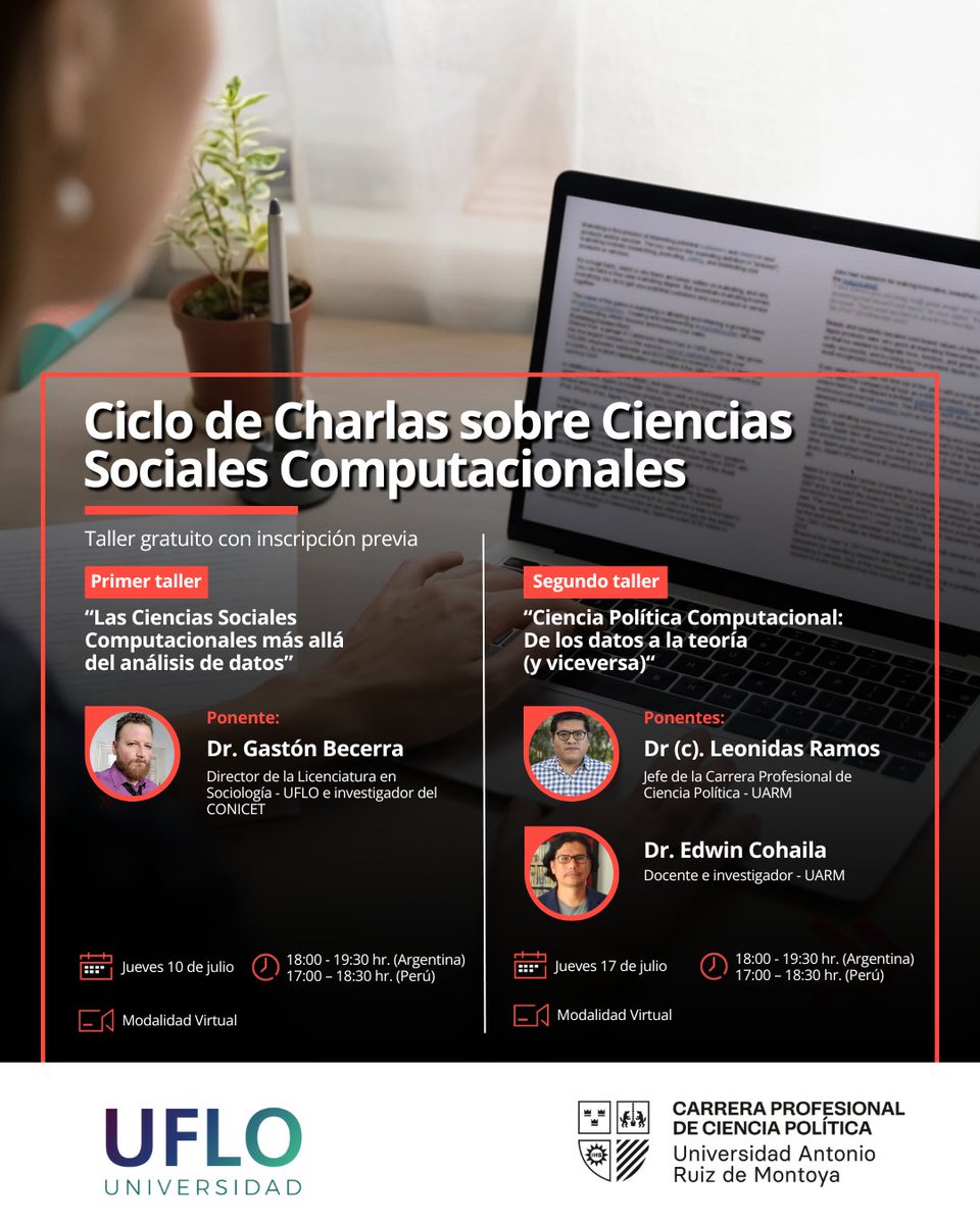 Ciclo de Charlas sobre Ciencias Sociales Computacionales

📌Organizan 🇦🇷 <a href="/UFLOuniversidad/">UFLO Universidad</a> (#Sociología) y 🇵🇪 <a href="/uarm_/">Universidad Antonio Ruiz de Montoya</a> (#CienciasPolíticas)
📅 10 y 17 de Julio
🕒 6pm 🇦🇷 5pm 🇵🇪
🖥️Abiertas, gratuitas y virtuales

más info y registro 🧵