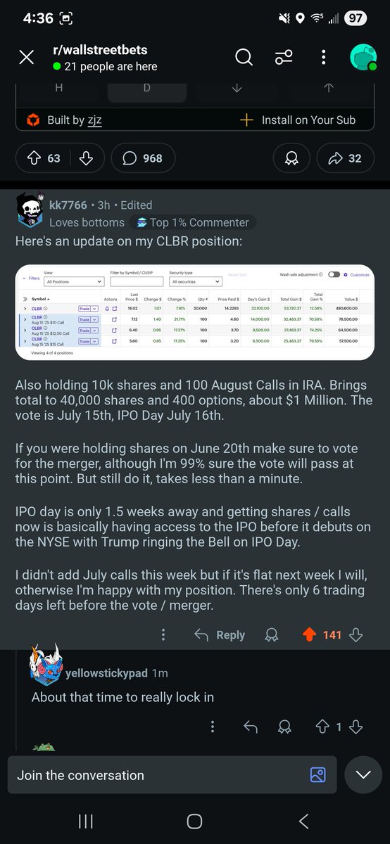 The legend on reddit, kk7766, just posted his position in wallstreetbets on $CLBR $PEW. $1 million invested in shares and options. Talk about bullish.