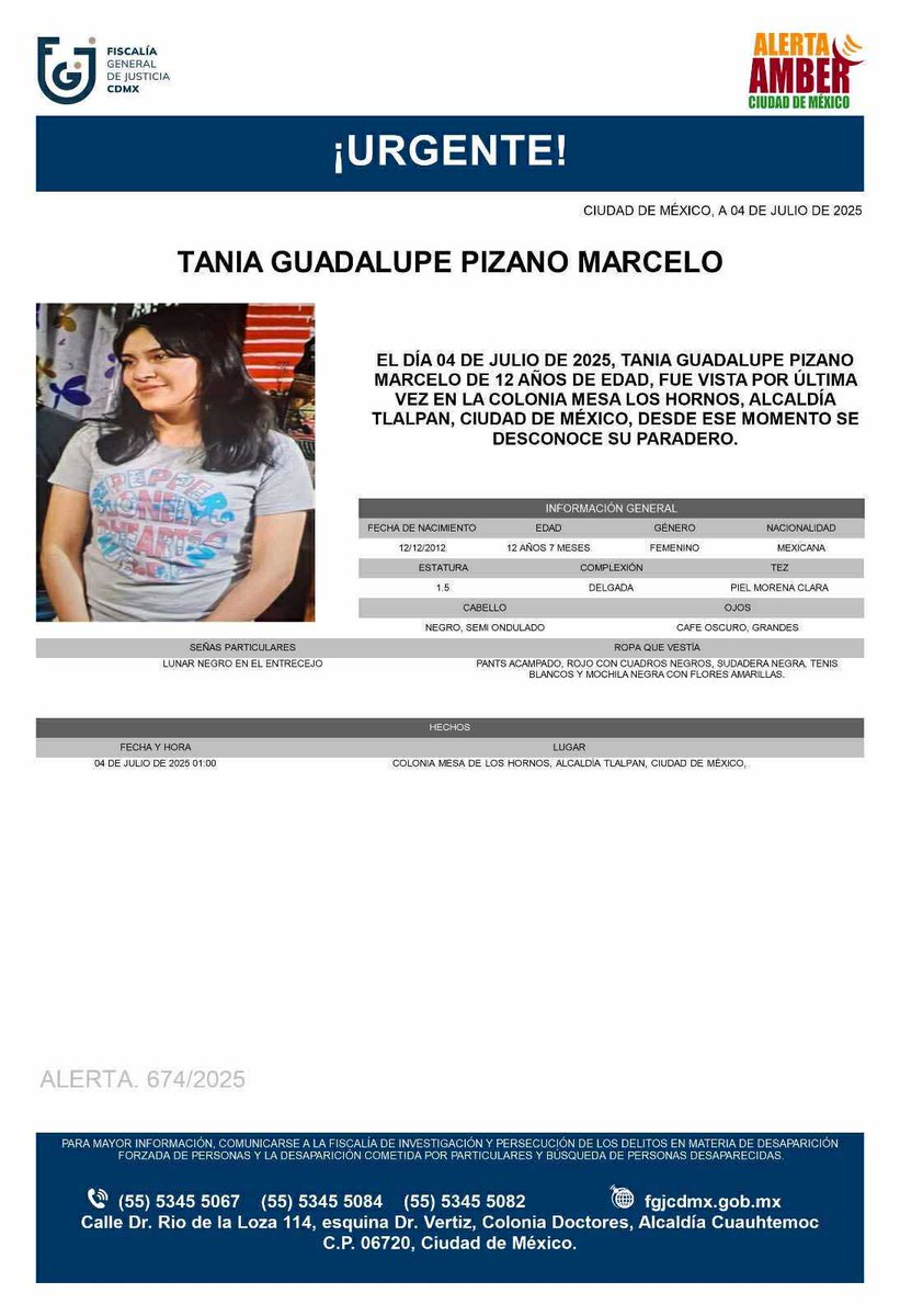 Todos los días desaparecen más de 90 personas en nuestro país.  Hoy el dolor es por una persona cercana. Por favor compartan hasta que sepamos dónde está Tania Guadalupe Pizano