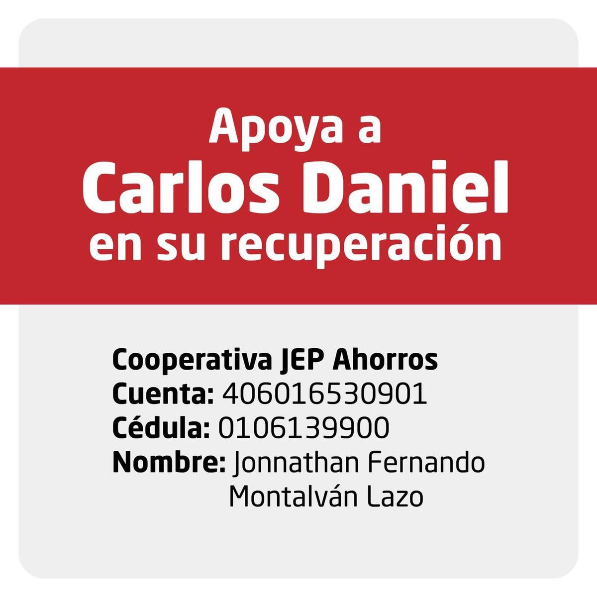 (P) ¡Demostremos una vez que Cuenca es una ciudad solidaria! 🤝

Todos conocimos el caso de Carlos Daniel, y por ello, él necesita de todo el apoyo de la ciudad para poder luchar por su vida y cubrir los gastos de sus operaciones. 

Hagamos que se sienta el #AmorPorCuenca❤️💛