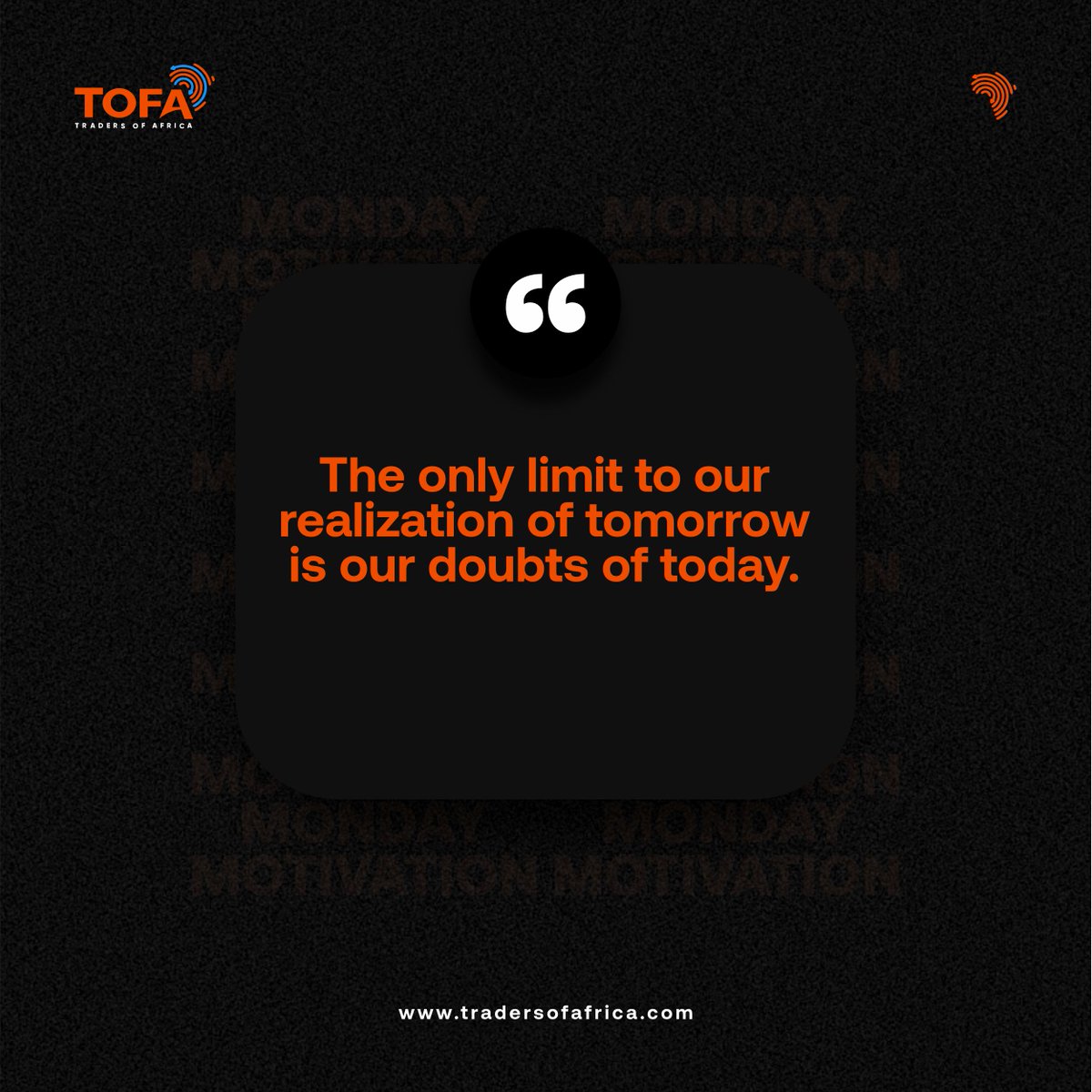 tofadotcom's tweet image. Doubt may whisper, but determination roars louder.
What holds us back today can’t stand against the fire of belief🔥
Let this Monday be your starting line because the only limit to tomorrow is the doubt you leave behind today
#MondayMotivation  #NewWeekNewGoals #TOFAMarketplace