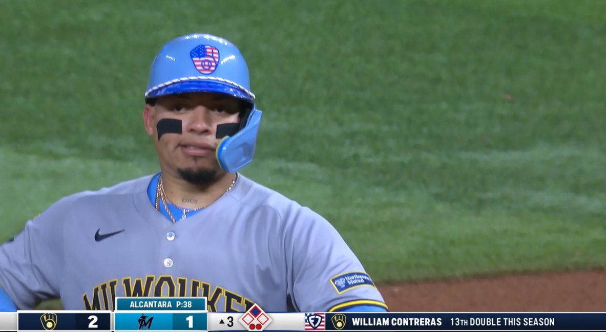 Believe the Brewers are the only team today (at least so far) to match their batting helmets with the special Fourth of July hat design, even down to the candy-stripe rope at the base of the bill. 

Some crazy attention to detail from (I presume) equipment guru Jason Shawger.