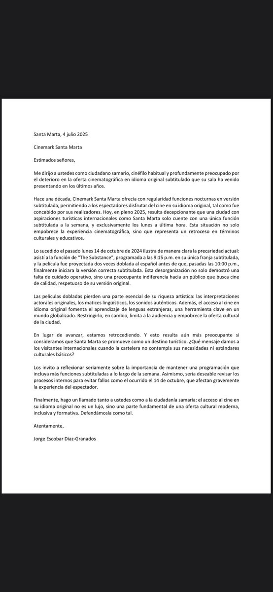 JorgeEscobarD's tweet photo. Carta abierta a @CinemarkCol 
#SantaMarta https://t.co/6KgjbU6cVm