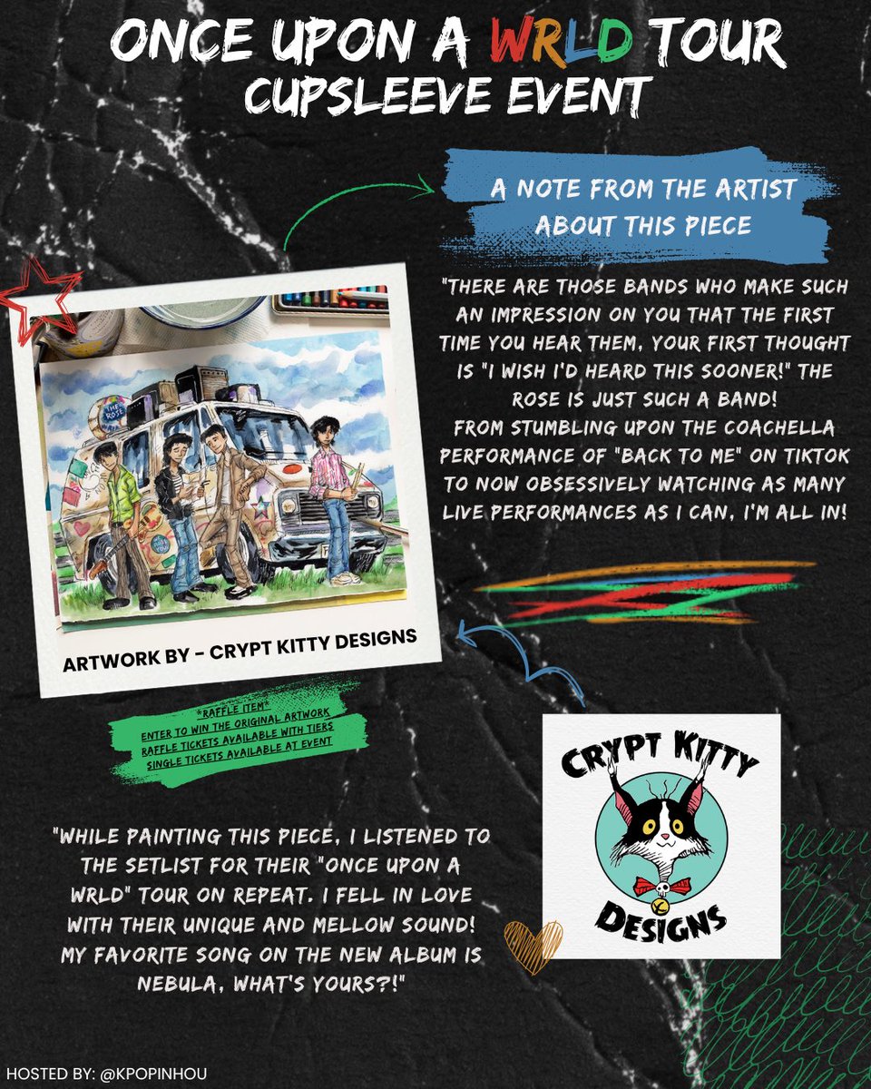 🖤 Houston Black Roses! 🖤
We’re so excited to reveal the cupsleeve for our “Once Upon a Wrld” event!

Crypt Kitty designs brought The Rose’s vibe to life perfectly. More info on our IG &amp; Tier form linked in our bio

Vendor post coming Sunday!

#Therose #therosewrldtour #더로즈