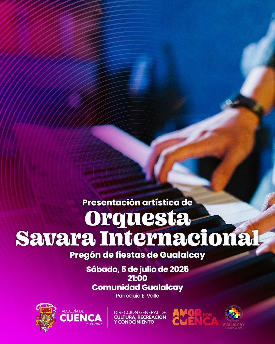 CulturaCUE's tweet photo. 🎉 ¡Gualalcay está de fiesta!
Ven a disfrutar de la presentación artística de la Orquesta Savara Internacional, este sábado 5 de julio a partir de las 21:00.
Un evento para compartir en comunidad y celebrar nuestras tradiciones.
¡Te esperamos!
#Cuenca #AmorporCuenca #YoAmoCuenca https://t.co/155tBOWpUh