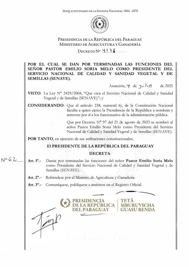 AhoraPy (@ahora_py) on Twitter photo El presidente de la República <a href="/SantiPenap/">Santiago Peña</a> da por terminada funciones del titular del SENAVE.
Luego de supuesto cobro ilegal de aranceles, el presidente de la República destituye a el presidente del SENAVE, Pastor Soria.
Presuntamente integran un esquema de cobros ilegales para El presidente de la República <a href="/SantiPenap/">Santiago Peña</a> da por terminada funciones del titular del SENAVE.
Luego de supuesto cobro ilegal de aranceles, el presidente de la República destituye a el presidente del SENAVE, Pastor Soria.
Presuntamente integran un esquema de cobros ilegales para
