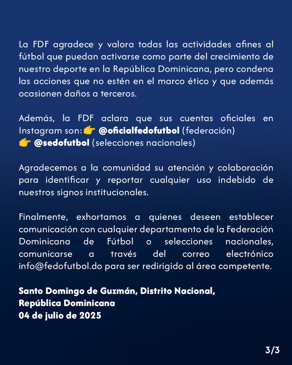 Comunicado de alerta al público general.

#FDF #FederacionDominicanaDeFutbol