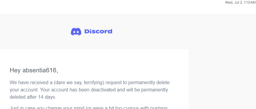Absentia616's tweet photo. @discord_support Is me deleting my account now a violation of terms and conditions, 'No you can't delete your account, I delete your account.' lmao very petty. https://t.co/A0LGyse5X0