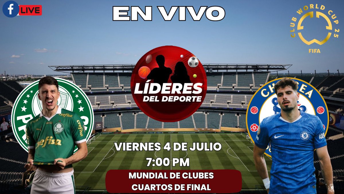 Lideresdeldep's tweet photo. PALMEIRAS VS CHELSEA 
Verdao vs Los Blues 
Acompáñanos en punto de las 7, a través de nuestra señal de Facebook. 

https://t.co/QmA71OWigG

#FIFACWC #FIFAClubWorldCup2025 #CuartosDeFinal #Palmeiras #Chelsea https://t.co/Ad4k2uuqt5