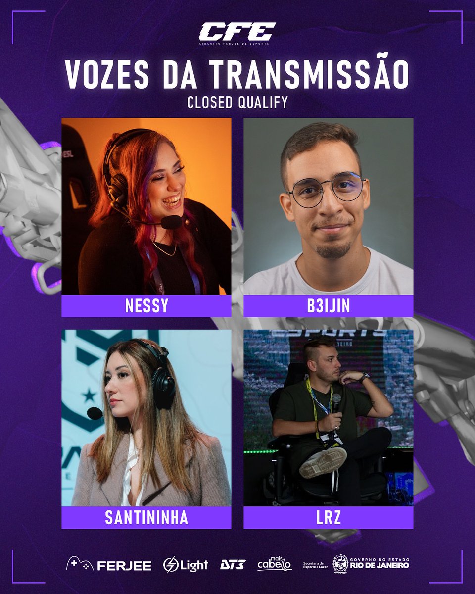 FERJEE (@ferjeeoficial) on Twitter photo 💥 A guerra vai começar! E essas serão as vozes que vão nos guiar durante o Closed do #CFE
🎙️ <a href="/nessyteras/">Vanessa Paccico (Nessy) 💫</a>
🎙️ <a href="/b3ijin/">b3ijin</a>
🎙️ <a href="/santininha/">Claudia Santini Fonseca</a>
🎙️ <a href="/lorenzolrzzz/">Lorenzo Araújo</a>
De 7 a 11 de julho, prepare-se para sentir toda a emoção dessa jornada épica 🔥
#RushandoRumoAGloria 💥 A guerra vai começar! E essas serão as vozes que vão nos guiar durante o Closed do #CFE
🎙️ <a href="/nessyteras/">Vanessa Paccico (Nessy) 💫</a>
🎙️ <a href="/b3ijin/">b3ijin</a>
🎙️ <a href="/santininha/">Claudia Santini Fonseca</a>
🎙️ <a href="/lorenzolrzzz/">Lorenzo Araújo</a>
De 7 a 11 de julho, prepare-se para sentir toda a emoção dessa jornada épica 🔥
#RushandoRumoAGloria