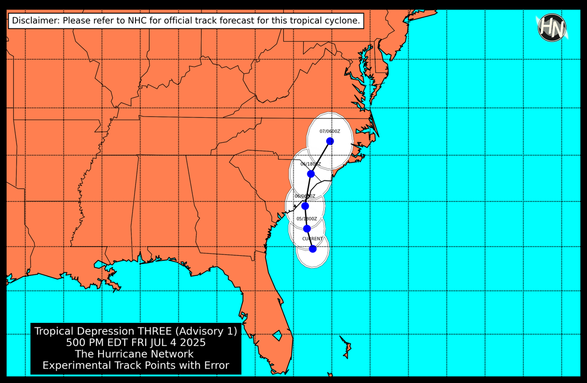 Here is The Hurricane Network's experimental track forecast on TD #Three based on the recent 500 PM EDT advisory package. It should be reminded, impacts will likely be felt outside of this track.  

More on T.D. Three: hurricanenetwork.org #scwx