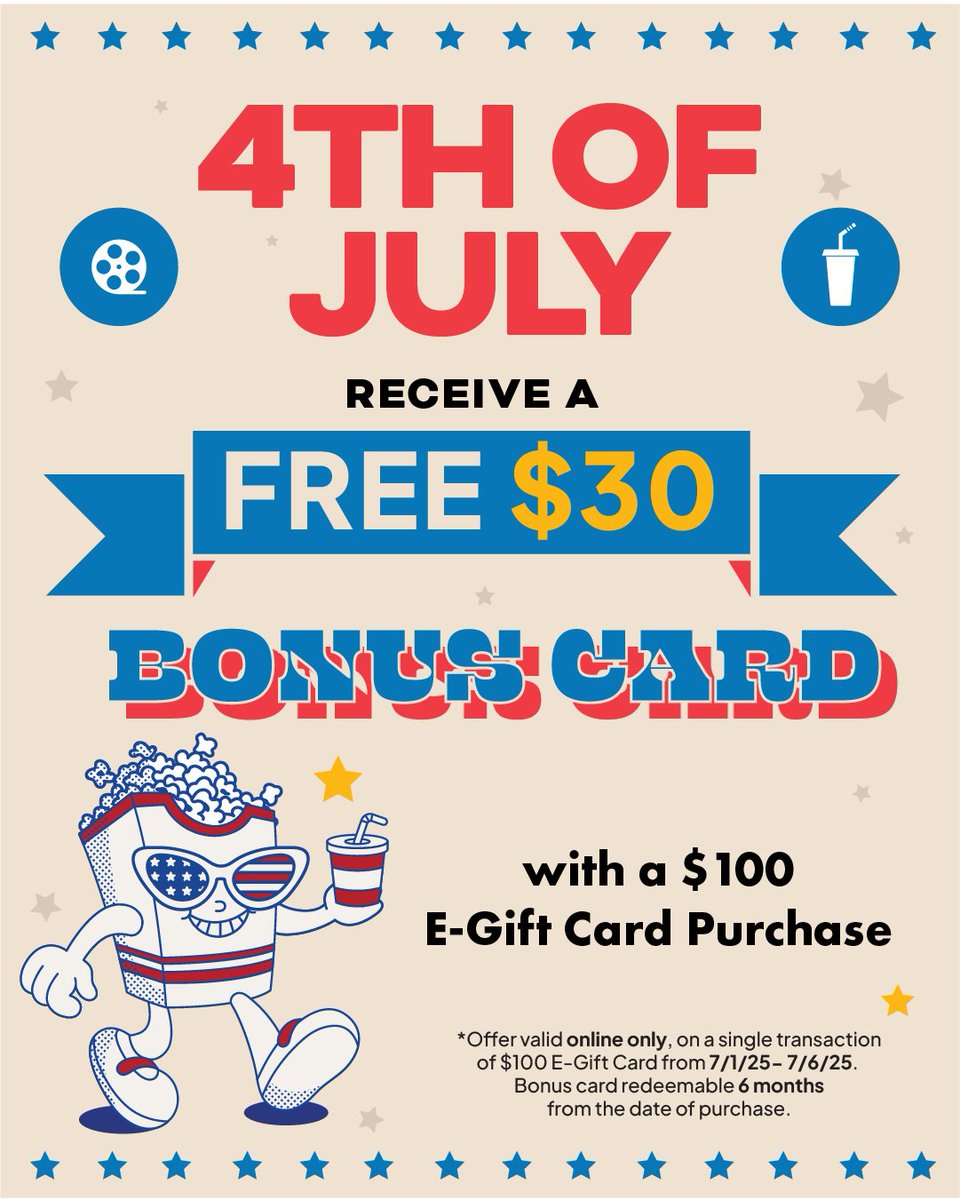 Happy 4th of July! Celebrate with the biggest blockbusters of the season – and receive a $30 bonus card when you purchase a $100 e-gift card online, available only through Sunday, July 6! 

readingcinemas.com