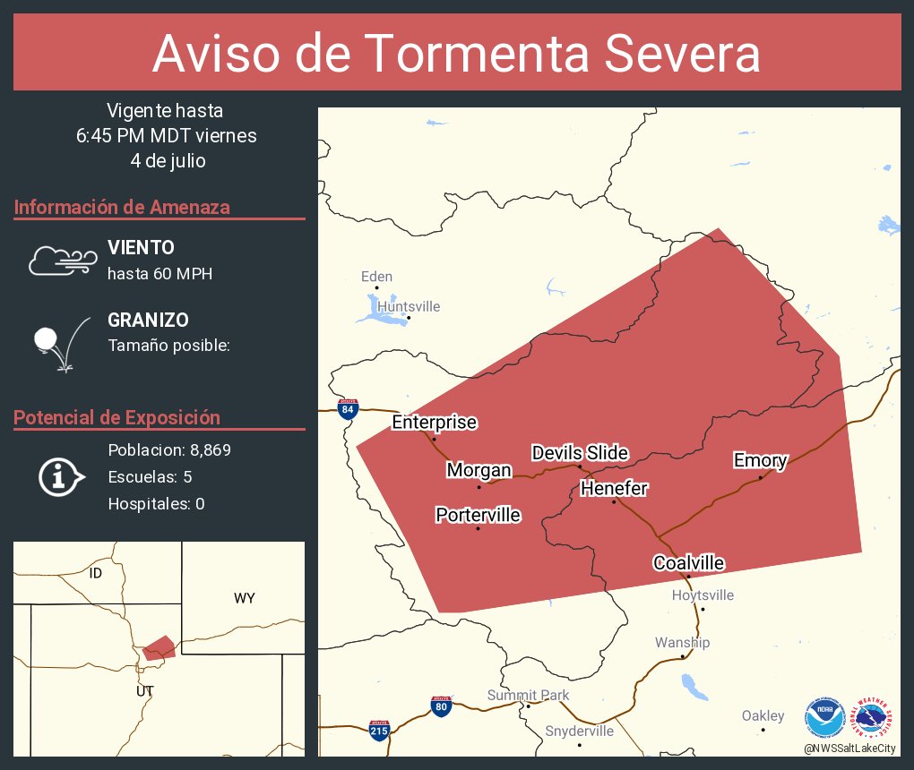 Aviso de Tormenta Severa incluye Morgan UT, Coalville UT, Henefer UT hasta las 6:45 PM MDT