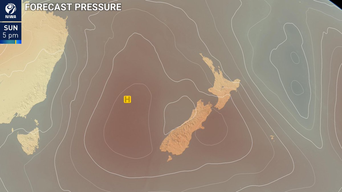 Today at 5pm ➡️ tomorrow at 5pm

High pressure is building! This means we will finally see settled weather for most after a run of wet windy conditions. 

Some showers will effect areas like Hawke's Bay 🌧️, but places that have been sodden will see a return to dry &amp; calm weather.