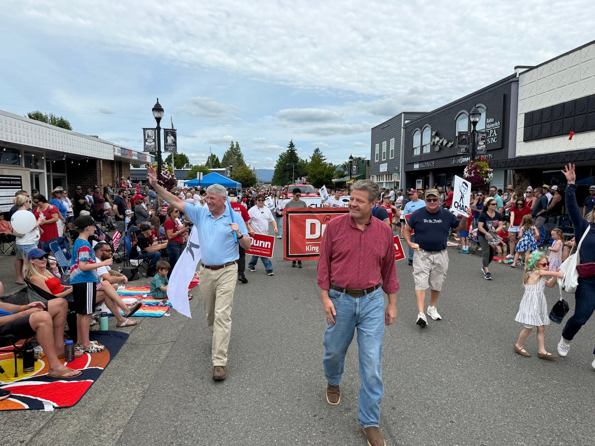 Magendanz's tweet image. Great start to celebrating America’s independence walking in the Enumclaw 4th of July parade this morning with Reagan Dunn. It was great to see so many familiar faces and feel the pride in our country.
Wishing you all a safe and fun day with family, friends, and fireworks!