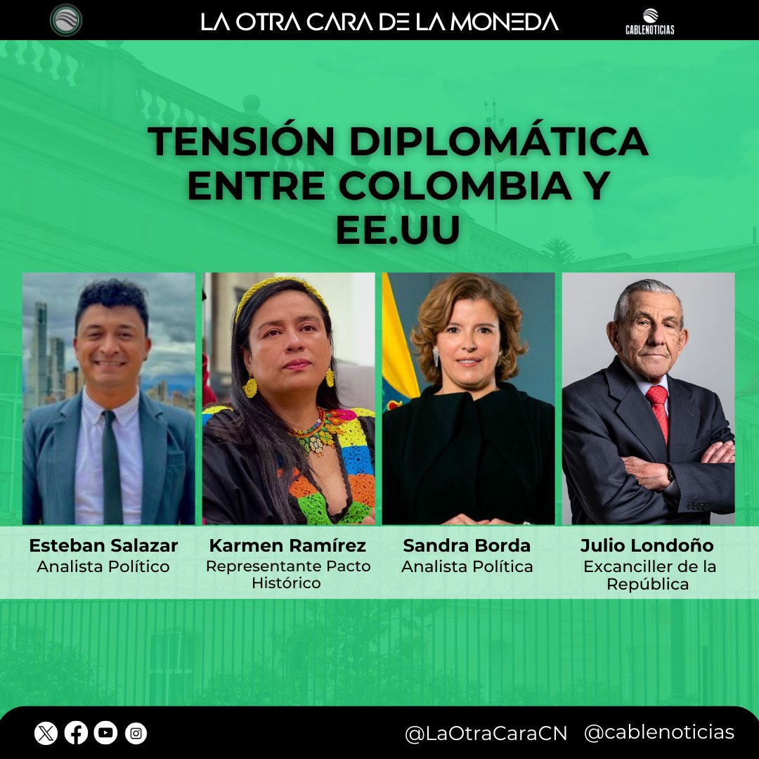 La Otra Cara de la Moneda (@laotracaracn) on Twitter photo 🔴Tensión diplomática entre Colombia y EE.UU. ¿Qué implicaciones tendrá? ¿Habrá sanciones económicas?
Se abre nuevo debate.
<a href="/johnpossec/">John Posse</a> con Vicecanciller Jaramillo <a href="/mauricio181212/">Mauricio Jaramillo Jassir</a>, <a href="/estebanalitic/">Esteban Salazar G</a>, <a href="/Wayunkerra/">𝒦𝒶𝓇𝓂ℯ𝓃 ℛ𝒶𝓂𝒾́𝓇ℯ𝓏 ℬℴ𝓈𝒸𝒶́𝓃</a>,<a href="/sandraborda/">Sandra Borda</a>, Julio Londoño Excanciller.
▶️youtube.com/watch?v=PPQJRs… 🔴Tensión diplomática entre Colombia y EE.UU. ¿Qué implicaciones tendrá? ¿Habrá sanciones económicas?
Se abre nuevo debate.
<a href="/johnpossec/">John Posse</a> con Vicecanciller Jaramillo <a href="/mauricio181212/">Mauricio Jaramillo Jassir</a>, <a href="/estebanalitic/">Esteban Salazar G</a>, <a href="/Wayunkerra/">𝒦𝒶𝓇𝓂ℯ𝓃 ℛ𝒶𝓂𝒾́𝓇ℯ𝓏 ℬℴ𝓈𝒸𝒶́𝓃</a>,<a href="/sandraborda/">Sandra Borda</a>, Julio Londoño Excanciller.
▶️youtube.com/watch?v=PPQJRs…