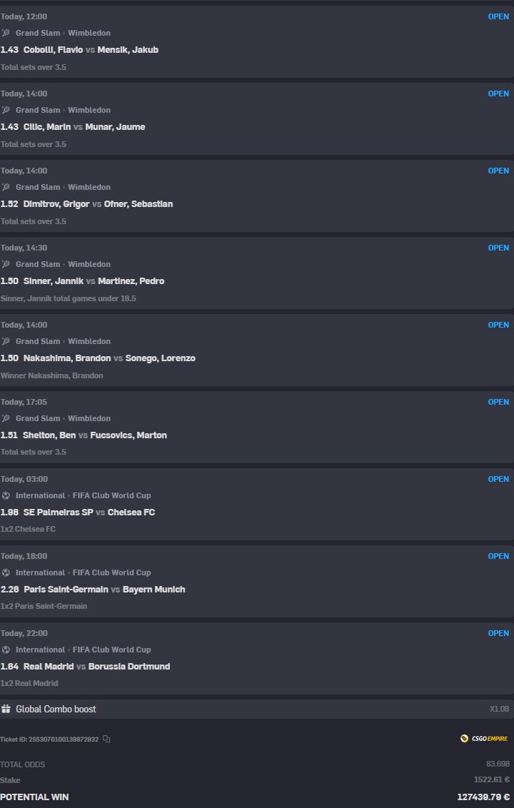 I'm not used to making my bets public, mainly because I'm superstitious 😅 and also because whenever I show them before they're played, they never hit. 

But Im gonna trust. We’ve got that W mindset 🧠💰

Yesterday we hit 6/10 on a 100x odds slip, including the 2.70 odd from