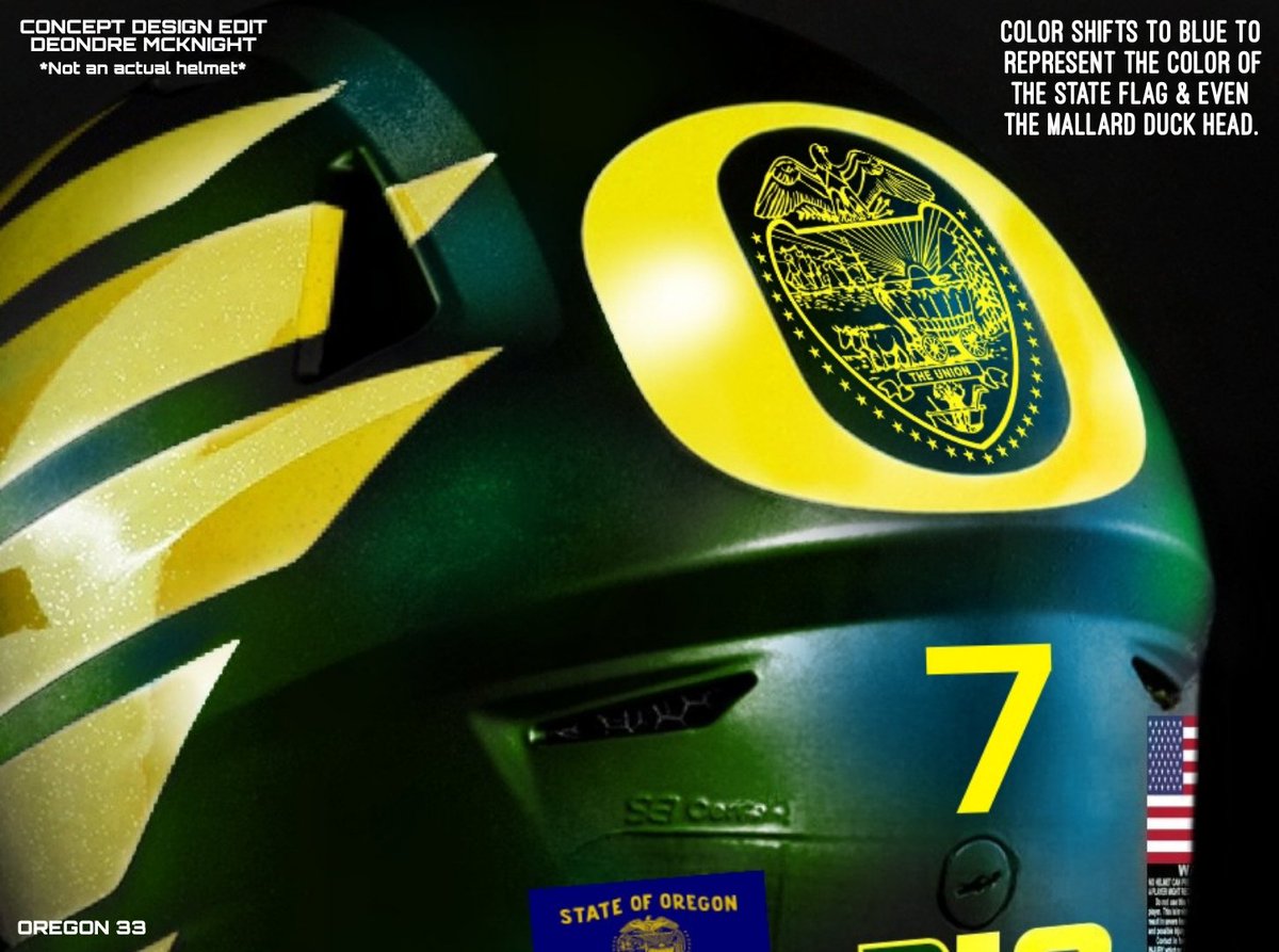 Oregon 33. 

Oregon Ducks 'Oregon 33' Color Shifting Mallard Green &amp; Blue Helmet Concept! 

The helmet color represents Oregon Ducks football, the state flag &amp; the Mallard Duck! *Not an actual helmet* #GoDucks #Nike