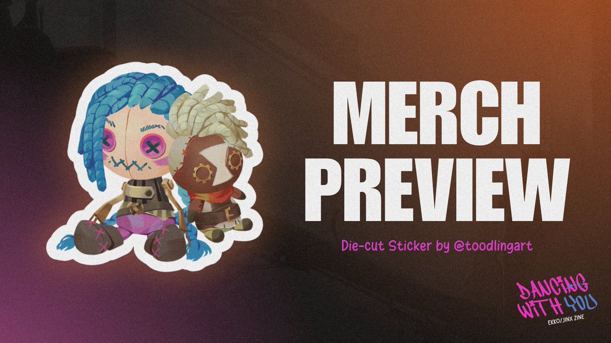 💣 MERCH PREVIEW 💣

Die-cut stickers of Jinx and Ekko as dolls, by <a href="/toodlingart/">ant 🌟</a>! You can get your own when preorders open on July 13.