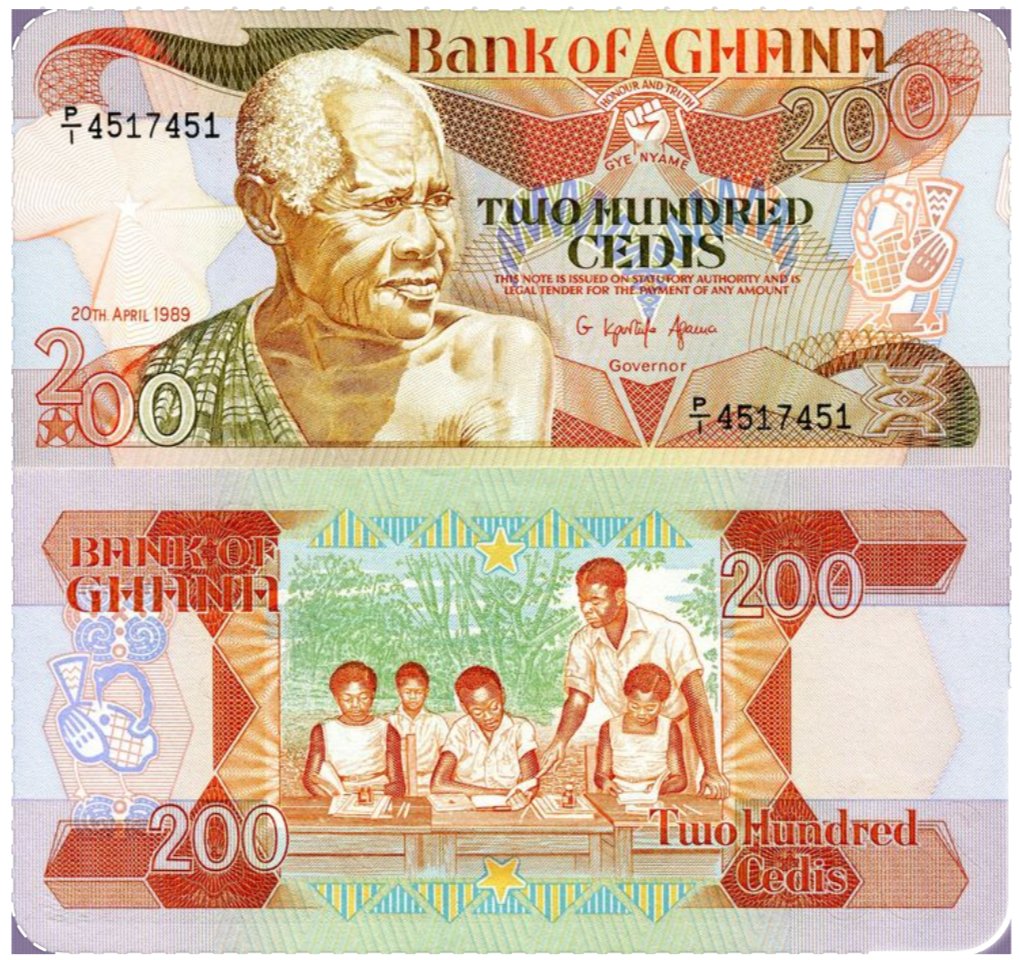 RareMoneyNotes's tweet image. Love the message on this Ghanaian 200 Cedis note! The depiction of students learning on the back is a beautiful tribute to the power of education. #GhanaianCedis #Education #CurrencyDesign