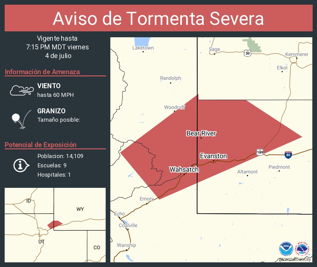 Aviso de Tormenta Severa incluye Evanston WY, Bear River WY, Almy WY hasta las 7:15 PM MDT