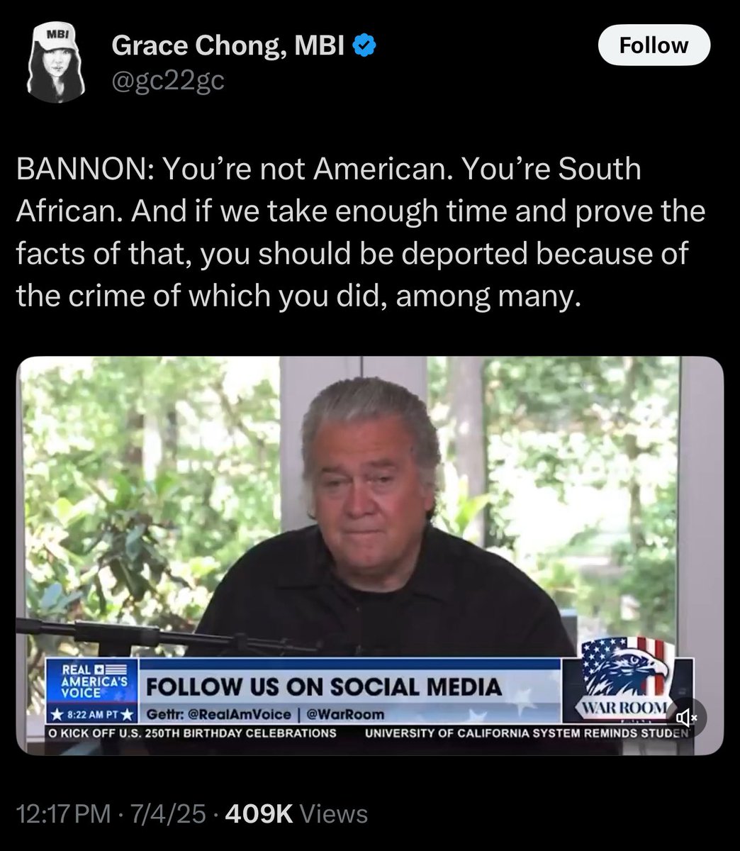 Elon Musk is obviously an American, so this is disheartening to see from Bannon (and not a nice thing to say about Elon at all).