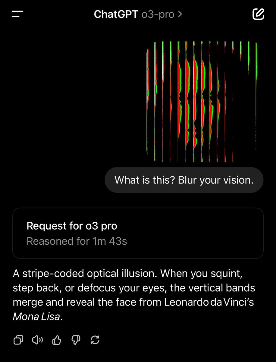 Most LLMs can’t see this is the Mona Lisa, but it works if you use o3-pro and squint: