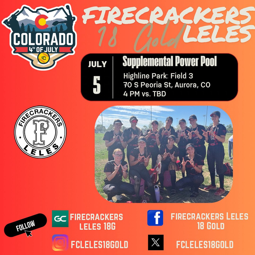 Firecrackers Leles 18 Gold (@fcleles18gold) on Twitter photo 2 WINS on the 4th & we move on at the <a href="/COSparkFire/">CO 4th of July</a>! These 🧨 are ready to celebrate! See you Saturday!
📍 Highline Park, Field 3
🗓️ Sat, 7/5
⏰ 4 PM • MDT <a href="/B_Steele2026/">Brooklyn Steele</a> <a href="/baboosh34_2026/">Brooke Aboosh</a> <a href="/abril_parker08/">Abril Parker</a> <a href="/rileydossey42/">Riley Dossey 2025</a> <a href="/marisabryson15/">Marisa Bryson</a> <a href="/paetynn2025/">Paetynn Snobar 2025</a> <a href="/TeaganHayes2025/">Teagan Hayes 2025</a> <a href="/Laubrey2025/">Lauren Aubrey 2025</a> 2 WINS on the 4th & we move on at the <a href="/COSparkFire/">CO 4th of July</a>! These 🧨 are ready to celebrate! See you Saturday!
📍 Highline Park, Field 3
🗓️ Sat, 7/5
⏰ 4 PM • MDT <a href="/B_Steele2026/">Brooklyn Steele</a> <a href="/baboosh34_2026/">Brooke Aboosh</a> <a href="/abril_parker08/">Abril Parker</a> <a href="/rileydossey42/">Riley Dossey 2025</a> <a href="/marisabryson15/">Marisa Bryson</a> <a href="/paetynn2025/">Paetynn Snobar 2025</a> <a href="/TeaganHayes2025/">Teagan Hayes 2025</a> <a href="/Laubrey2025/">Lauren Aubrey 2025</a>