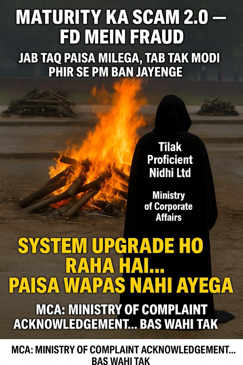 AnshuKumar1011's tweet photo. @HelpdeskMCA21V3 @BadolaVikash ₹2.5 lakh deposit. ₹1 lakh maturity missing since 1 saal.

NIDHI company: Tilak Proficient Nidhi Ltd
Complaint No: J00090889

MCA sirf "Acknowledged" bolke chill maar raha hai...

Company bhag gayi, paisa doob gaya, aur govt ne mute mode on kar liya?

#Trending
#fraud
#nidhi https://t.co/xNhROuou9o