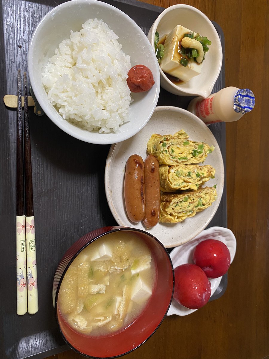 今日の朝ごはん
とりあえずネギを消費したくて冷奴、卵焼き、味噌汁に投入した。
すもももももももものうち　と唱えながらプラムをたべた。
