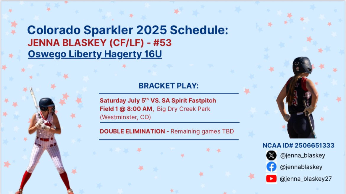 Jenna Blaskey (@jenna_blaskey) on Twitter photo 🚨Colorado Sparkler Update 🚨
My team went 3-4 in pool play, made it to the Gold Bracket. We are currently 1-2 in bracket play. Come cheer us on for day 2 of bracket play tomorrow <a href="/COSparkFire/">CO 4th of July</a>! <a href="/MSUM_Softball/">MSUM Softball</a> <a href="/unwsoftball/">UNW Softball</a> <a href="/WIUSoftball/">Western Illinois Softball</a> <a href="/GordonSOFT/">GordonSoftball</a> <a href="/EmorySoftball/">Emory Softball</a> <a href="/CharlotteSB/">Charlotte Softball</a> 🚨Colorado Sparkler Update 🚨
My team went 3-4 in pool play, made it to the Gold Bracket. We are currently 1-2 in bracket play. Come cheer us on for day 2 of bracket play tomorrow <a href="/COSparkFire/">CO 4th of July</a>! <a href="/MSUM_Softball/">MSUM Softball</a> <a href="/unwsoftball/">UNW Softball</a> <a href="/WIUSoftball/">Western Illinois Softball</a> <a href="/GordonSOFT/">GordonSoftball</a> <a href="/EmorySoftball/">Emory Softball</a> <a href="/CharlotteSB/">Charlotte Softball</a>