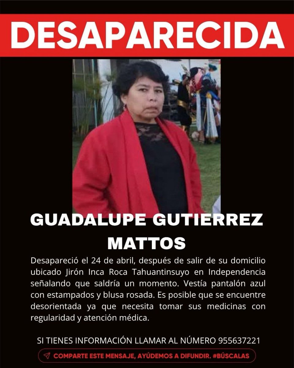 DianaMiloslavicTupac (@dianamiloslavic) on Twitter photo Ayudemos a encontrar a Guadalupe #AlertaIndependencia desde el 24 de abril está #desaparecida Guadalupe Gutierrez Mattos <a href="/MininterPeru/">Ministerio del Interior 🇵🇪</a> <a href="/PoliciaPeru/">Policía Nacional del Perú</a> <a href="/MimpPeru/">Ministerio de la Mujer y Poblaciones Vulnerables</a> <a href="/FamiliasNi/">Familias Unidas Por Justicia</a> <a href="/MigrantesPeru/">Mujeres Migrantes Maltratadas Perú</a> <a href="/ollascomunes_pe/">Red de Ollas Comunes de Lima</a> <a href="/FiscaliaPeru/">Ministerio Público</a> <a href="/exitosape/">Exitosa Noticias</a> Ayudemos a encontrar a Guadalupe #AlertaIndependencia desde el 24 de abril está #desaparecida Guadalupe Gutierrez Mattos <a href="/MininterPeru/">Ministerio del Interior 🇵🇪</a> <a href="/PoliciaPeru/">Policía Nacional del Perú</a> <a href="/MimpPeru/">Ministerio de la Mujer y Poblaciones Vulnerables</a> <a href="/FamiliasNi/">Familias Unidas Por Justicia</a> <a href="/MigrantesPeru/">Mujeres Migrantes Maltratadas Perú</a> <a href="/ollascomunes_pe/">Red de Ollas Comunes de Lima</a> <a href="/FiscaliaPeru/">Ministerio Público</a> <a href="/exitosape/">Exitosa Noticias</a>