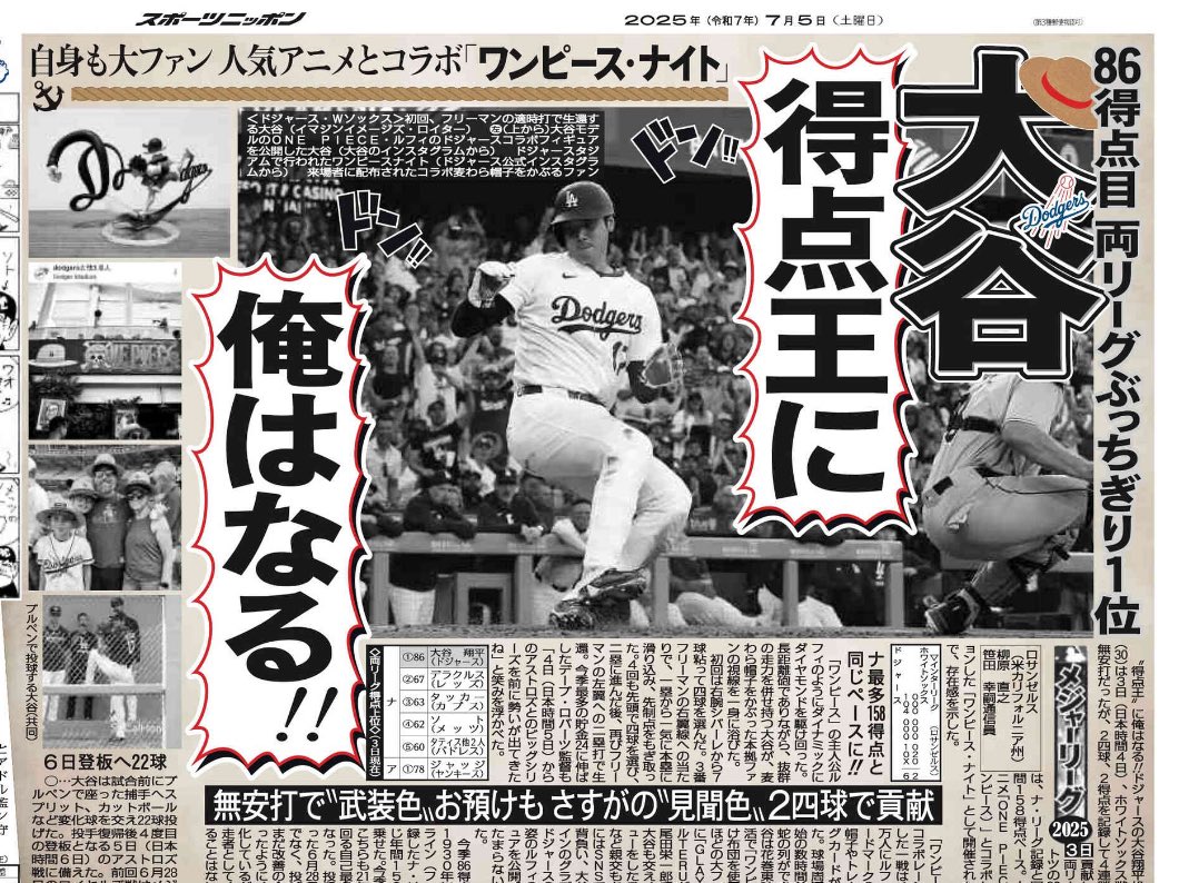 7月5日付 #スポニチ（東京最終版）MLB面は5面で #ドジャース @Dodgers