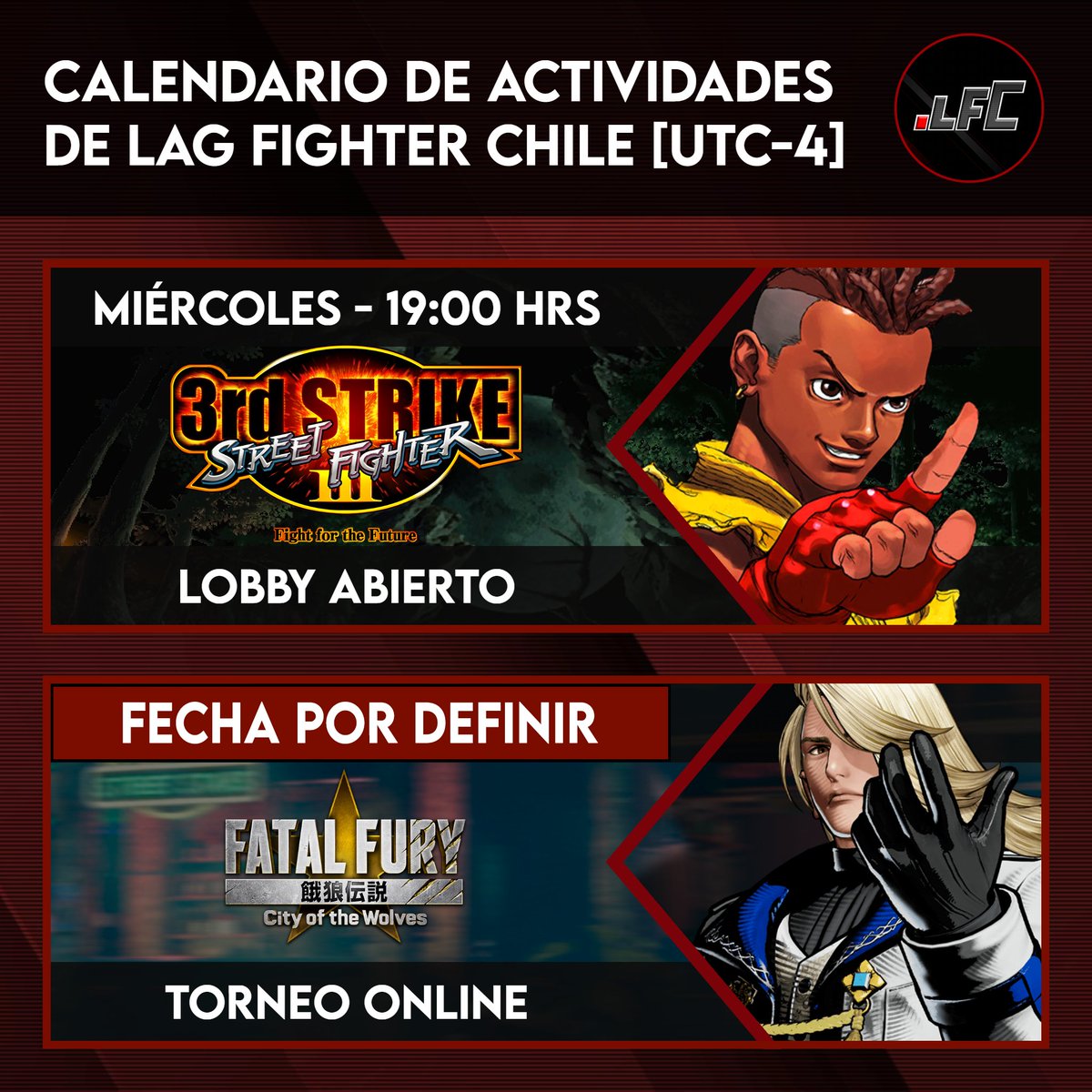 Actualización: Debido a un tope de fechas y que aún ando enfermo decidí cancelar el torneo de Fatal Fury de mañana.

La idea será mover el torneo para otra fecha, les iré informando cuando se defina eso 🫡