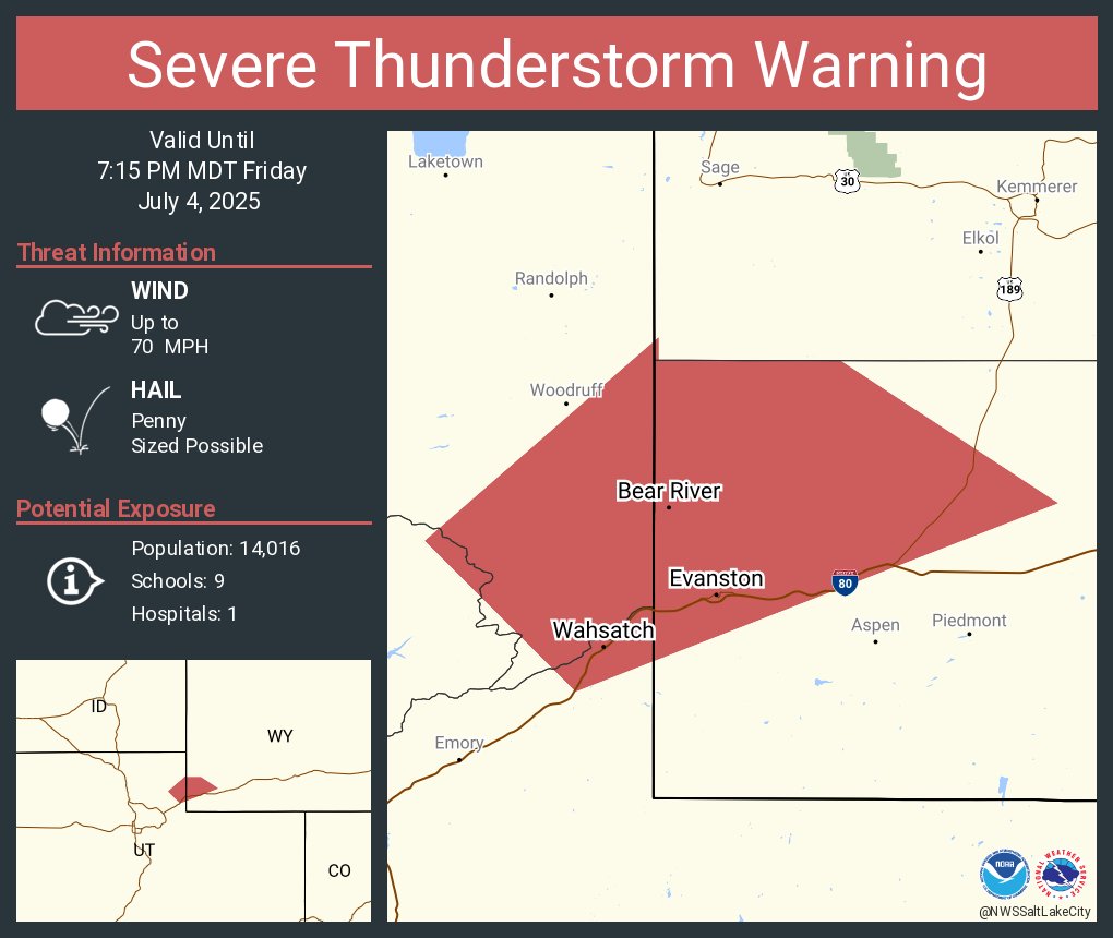 Severe Thunderstorm Warning continues for Evanston WY, Bear River WY and  Almy WY until 7:15 PM MDT. This storm will contain wind gusts to 70 MPH!