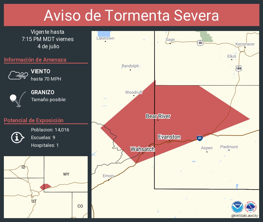 Aviso de Tormenta Severa continúa Evanston WY, Bear River WY, Almy WY hasta las 7:15 PM MDT. ¡Esta tormenta contiene ráfagas de vientos de 70 MPH!