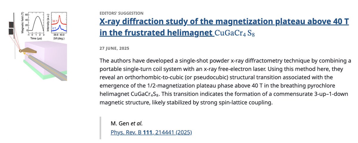 PhysRevB's tweet image. PRB Editors&apos; Suggestion: #XRayDiffraction study of the #magnetization plateau above 40 T in the frustrated #helimagnet #CuGaCr4⁢S8

M. Gen, K. Noda, K. Shimbori, T. Tanaka, D. Bhoi et al.,
Phys. Rev. B 111, 214441

➡️ go.aps.org/4kdHh02
#EdSugg @APSPhysics #physics #condmat