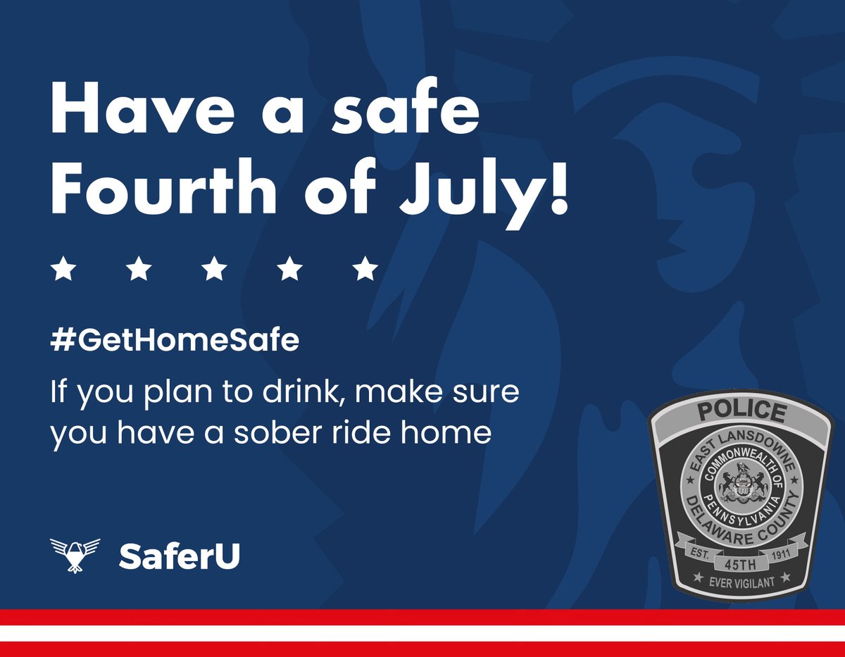 Happy Fourth of July, East Lansdowne!

Wishing you a fun and safe holiday filled with celebration, fireworks, and time with those you care about.

If you plan to drink, please use a ride-share or designate a sober driver.

Stay safe and enjoy your Fourth!

#elpd