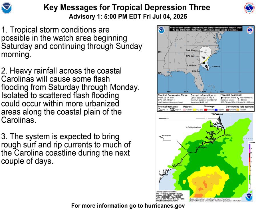 Tropical Storm Watch is in effect for the SC coastline from Edisto Beach to the NC border.  

Tropical storm conditions are possible Sat into Sun. 

Your City team continues to monitor the situation.  Please stay tuned to local media for updates and remain weather aware.