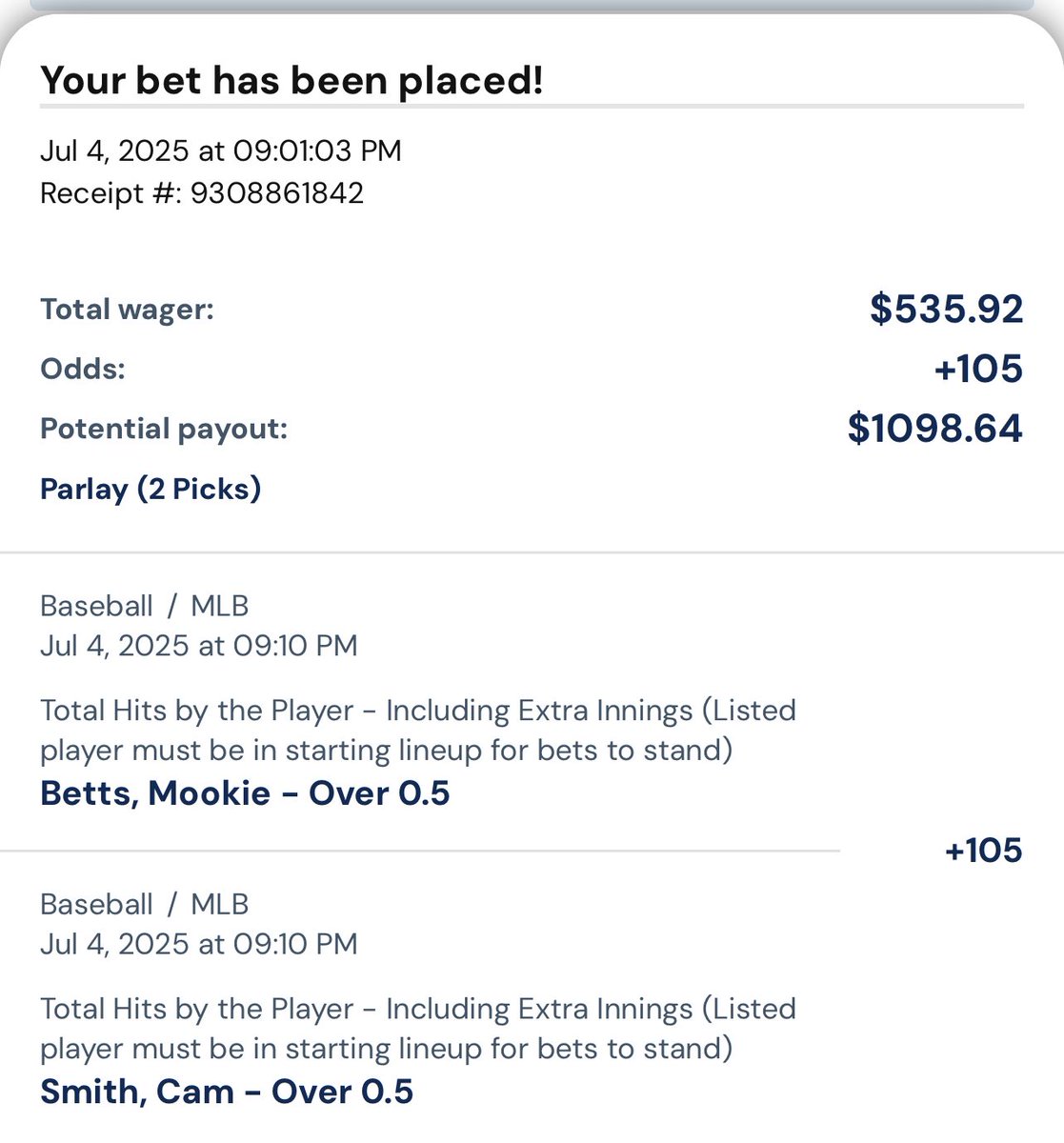 Sportbookkillaa's tweet image. 🛋️💰 $100 ➡️ $12K 7-Play Challenge 🏆
Play #3 locked in: Mookie Betts (LA) / Cam Smith (Houston) Hit Lay 🎯
$535.92 ➡️ $1098.94$✅
Only 5 wins away…
Let’s make this make this 🛋️💰 Family!
#GamblingTwitter #MLB #HitLay #RoadTo10K