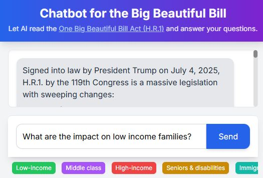 StevenXGe's tweet image. What's in the Big Beautiful Bill?
I made a simple chatbot!
You can ask questions, and AI will answer based on the 500-page document. Ask for summaries or explanations. See the impact on different groups.
Kids are off to sleepovers. I'm home alone, bored to tears. ☺️ Vibe…
