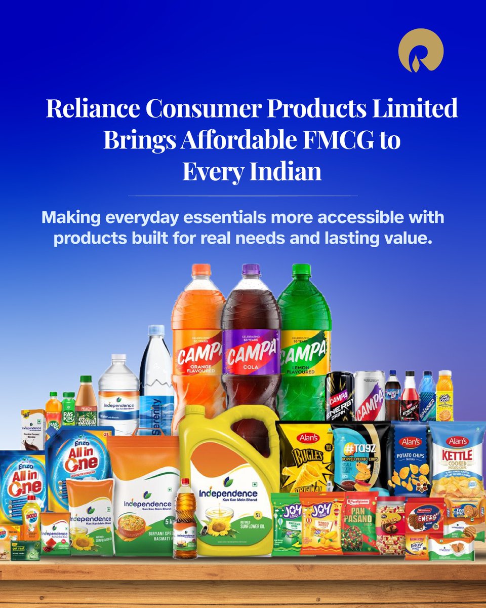 Powering everyday lives with everyday essentials.
Reliance’s FMCG foray is set to serve Indians with accessible, quality products that meet real needs across the nation.

#Reliance #RelianceRetail #RelianceConsumerProductsLimited #FMCG #Consumer #Accessible #ValueForAll