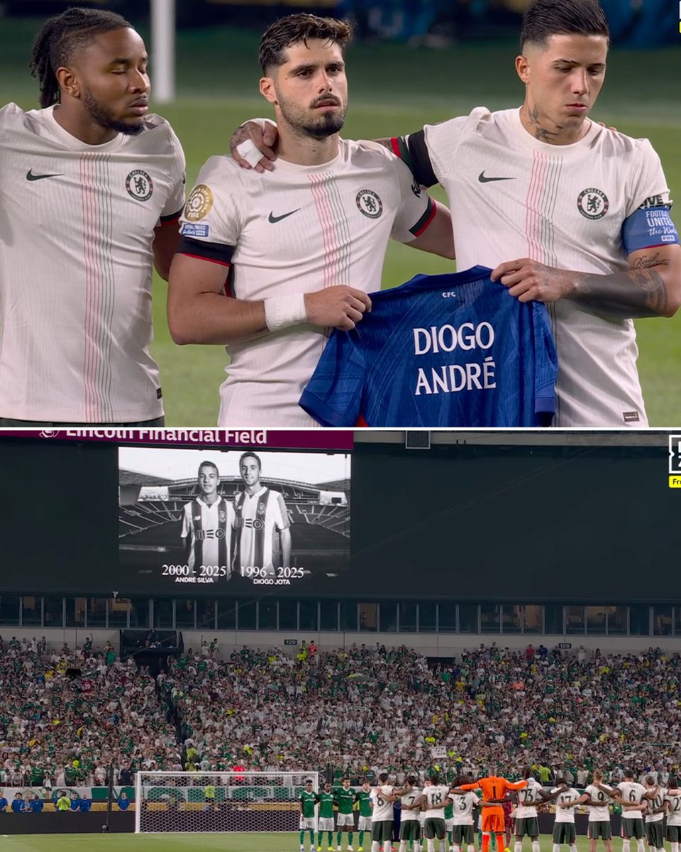 ESPNFC's tweet image. Chelsea players held up a jersey in memory of Diogo Jota and André Silva ahead of their Club World Cup match against Palmeiras.