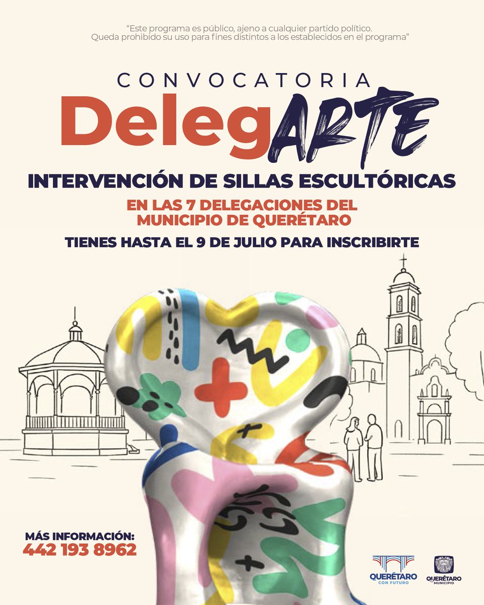 Te invitamos a ser parte de Delegarte, un proyecto de intervención artística de sillas escultóricas en las distintas delegaciones del municipio.

📝 Consulta las bases e inscríbete:
municipiodequeretaro.gob.mx/wp-content/upl…

¡Tu talento puede ser parte del paisaje urbano!