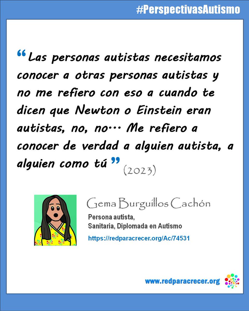 "Las personas autistas necesitamos conocer a otras personas autistas y no me refiero con eso a cuando te dicen que Newton o Einstein eran autistas, no, no... Me refiero a conocer de verdad a alguien autista, a alguien como tú"
Gema Burguillos Cachón

#autismo
#PerspectivasAutismo